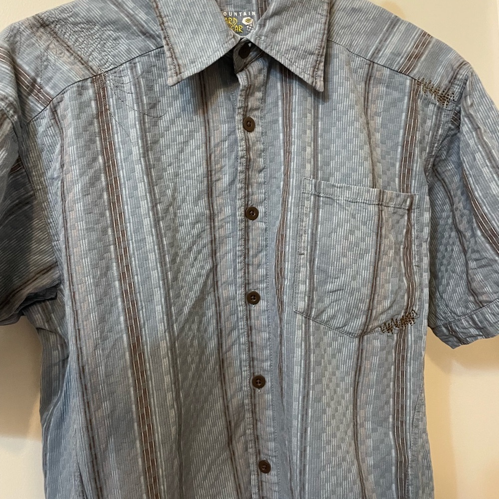 Mountain Hardwear Striped Button Up Shirt Blue Gray Brown Pocket Mens Medium